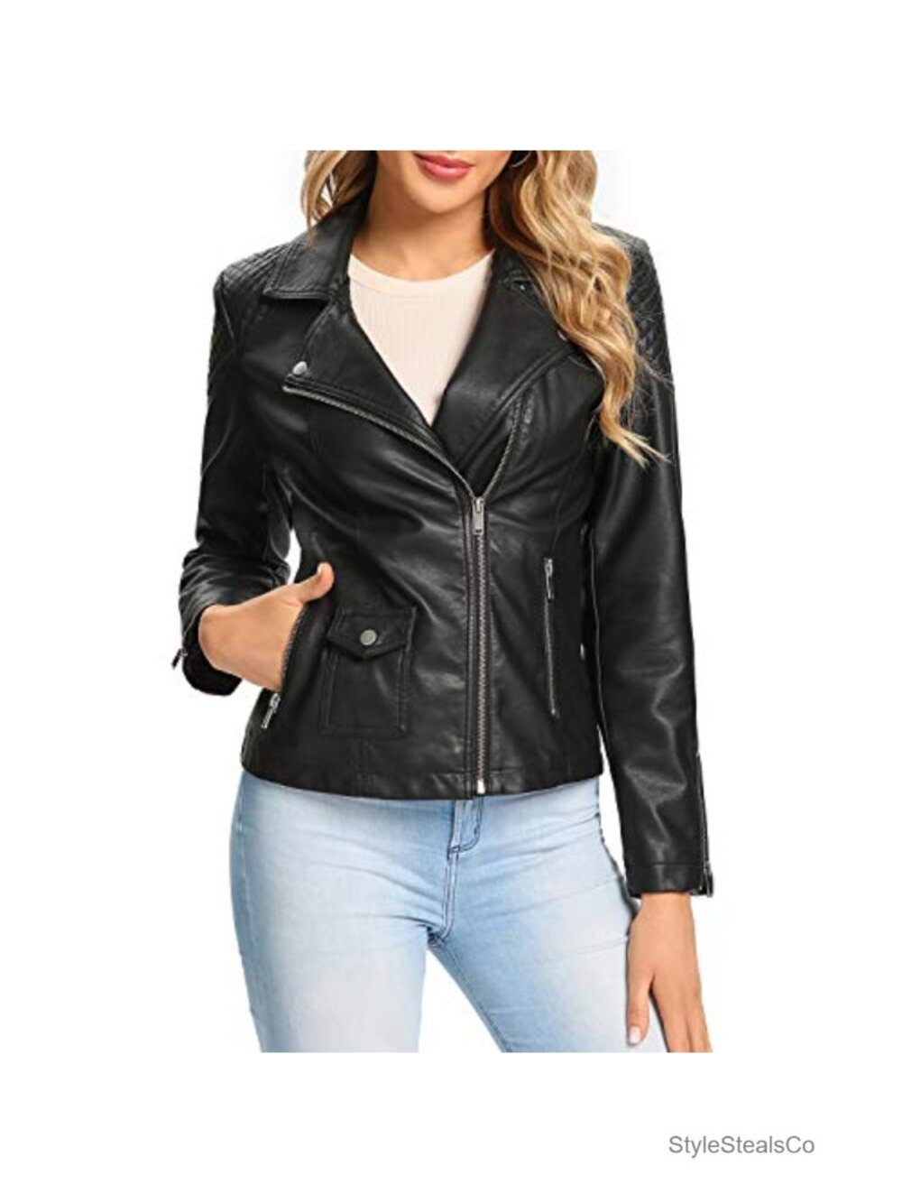 Women's Faux Leather Moto Biker Jacket Quilted Zip Up Coat